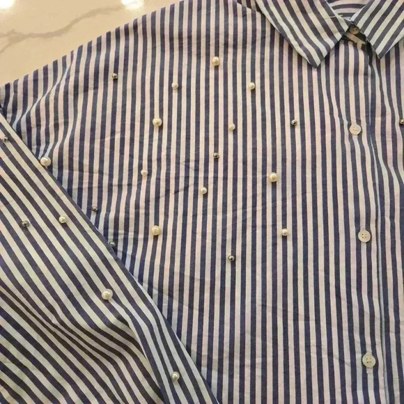 Bershka Button Down Pearl Embroidered Striped Shirt Womens Blue White Size XS - Picture 4 of 10